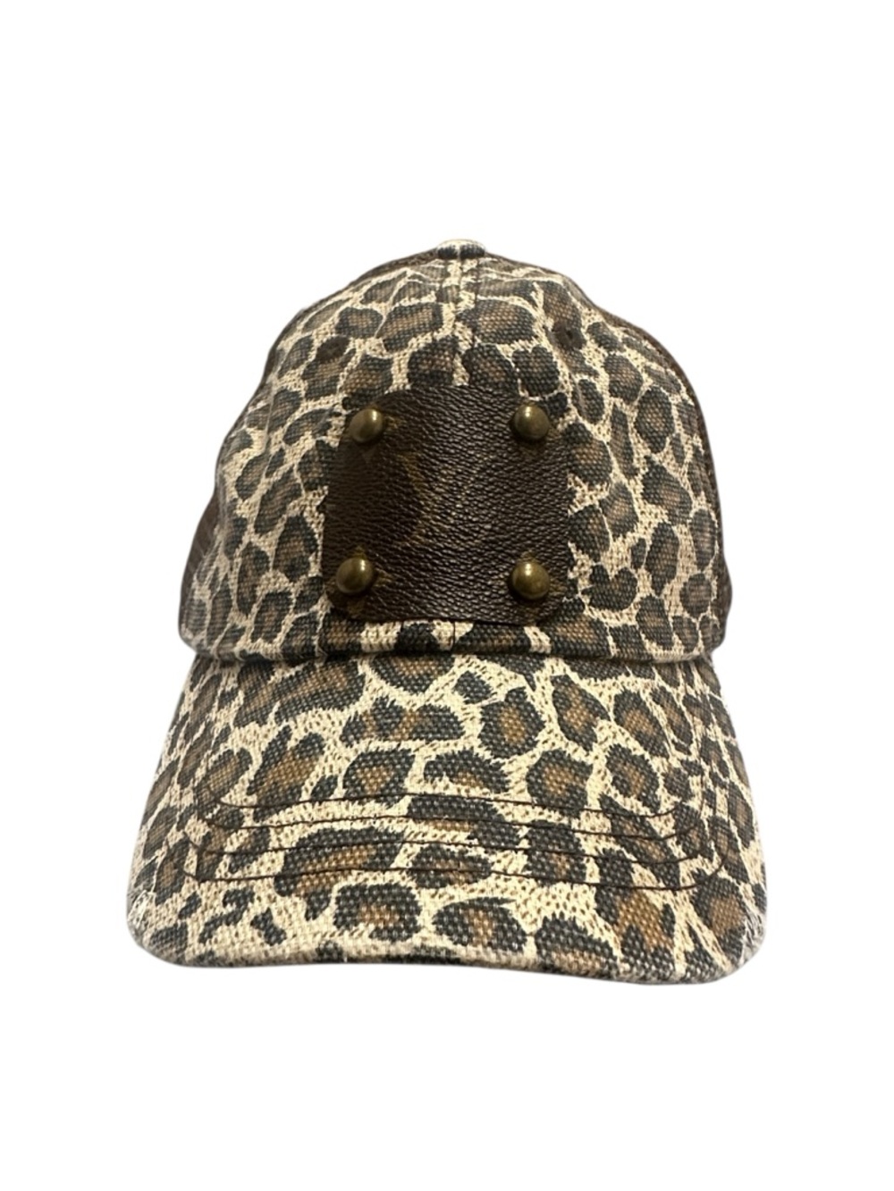 Vintage Boho Leopard Print Baseball Cap with Rivet LV Accent - Brown
